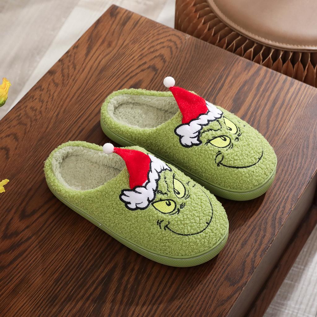 Christmas Plush Slippers Women Winter Warm Cute Home Green Haired Monster Slippers Funny Non Slip Cotten Shoes New Year Gift