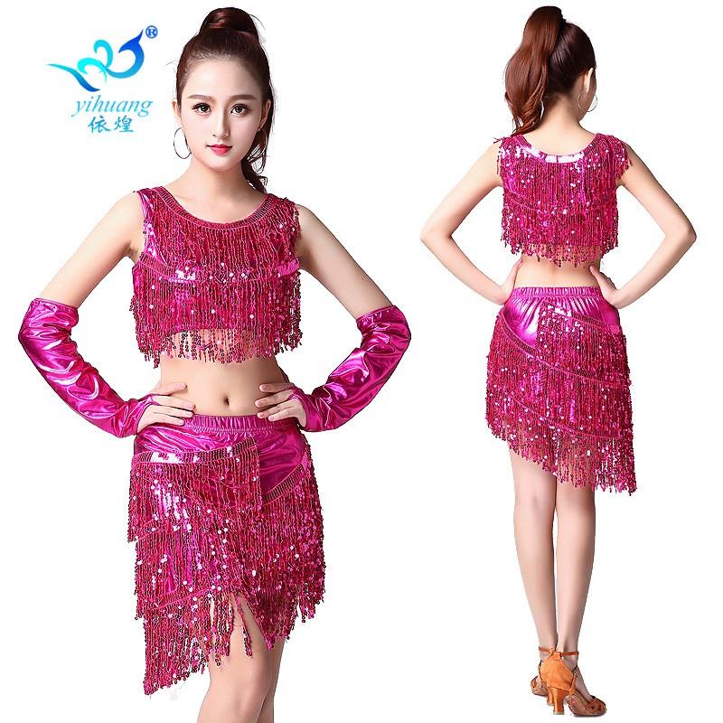 Womens Latin Dance Dress Split Tassel Set Sequined Stage Performance Costume Adult