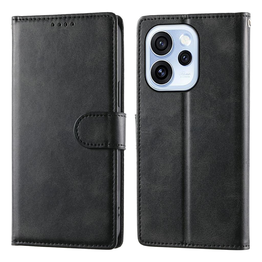 For Oppo Reno15 F 5G Case Stand Wallet Calf Texture PU Leather Flip Phone Cover with Wrist Strap