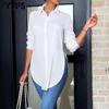 Women's Fashion Casual Spring Fall Solid Color Print Long Sleeve POLO Neck Blouses & Shirts