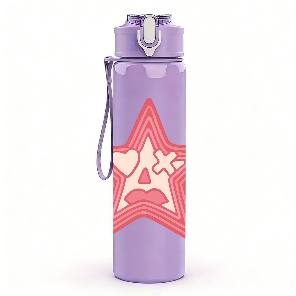 1PC Pink Star Embroidery Design 750ml Color Plastic Sports Water Bottle Leakproof Flip Straw Lid Suitable for Sports Office Home Use