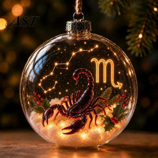 Acrylic Xmas Balls for Party Lighted Zodiac Christmas Ornament, Glowing Sign Ball with Warm LED, Ornaments Wall 3D Clear Hanging Pendant Tree Mantel,