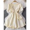 Summer French Retro Puff Sleeve Square Collar Dress