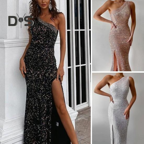 Женское вечернее платье с косым вырезом на одно плечо, без рукавов, с пайетками, с разрезом по низу, облегающее платье для выпускного вечера, летнее вечернее платье макси