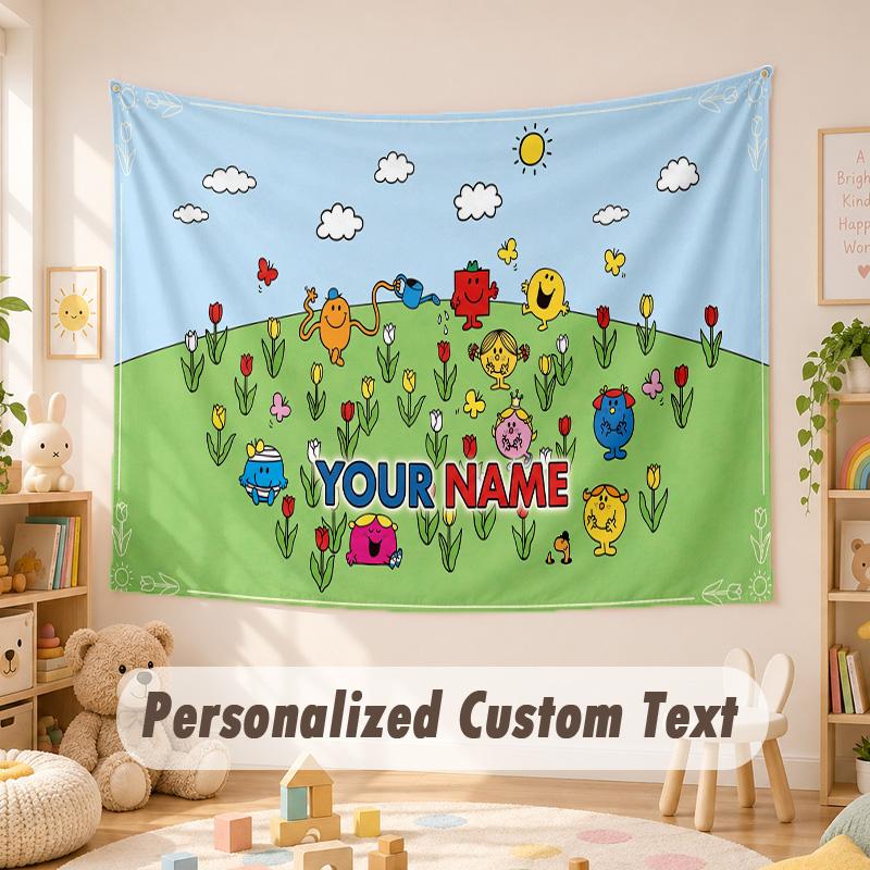 Custom Name Text Tapestry,Mr. Men & Little Miss Boho Wall Hanging, Decorative Backdrop Tapestry For Room