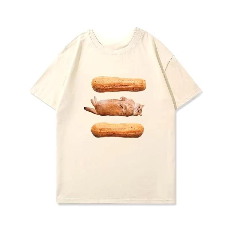 Cat Sandwich Pure Cotton Printed Unisexs and Womens Fashionable Short Sleeved New Personalized Casual Round Neck Tshirt