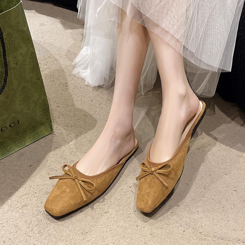 Retro Bow Thick Heel Half Slippers Women's Shoes Spring New One-pedal Ballet Half Drag Single Shoes