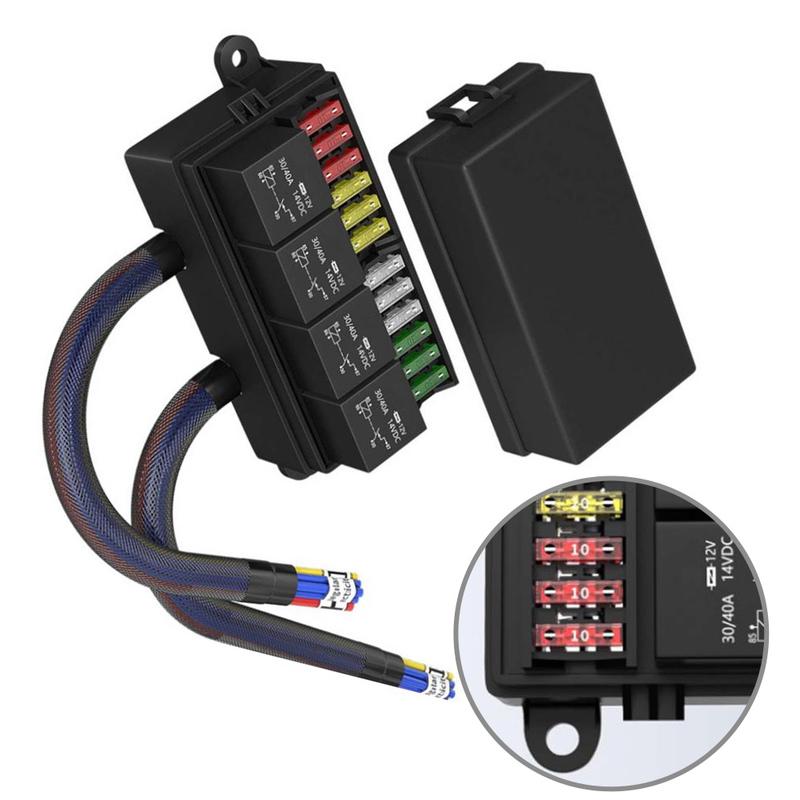 12V Fuse Relay Box with 4 Relays and 12 ATCATO Fuses Prewired with ABS Housing for Vehicle Electrical Circuits