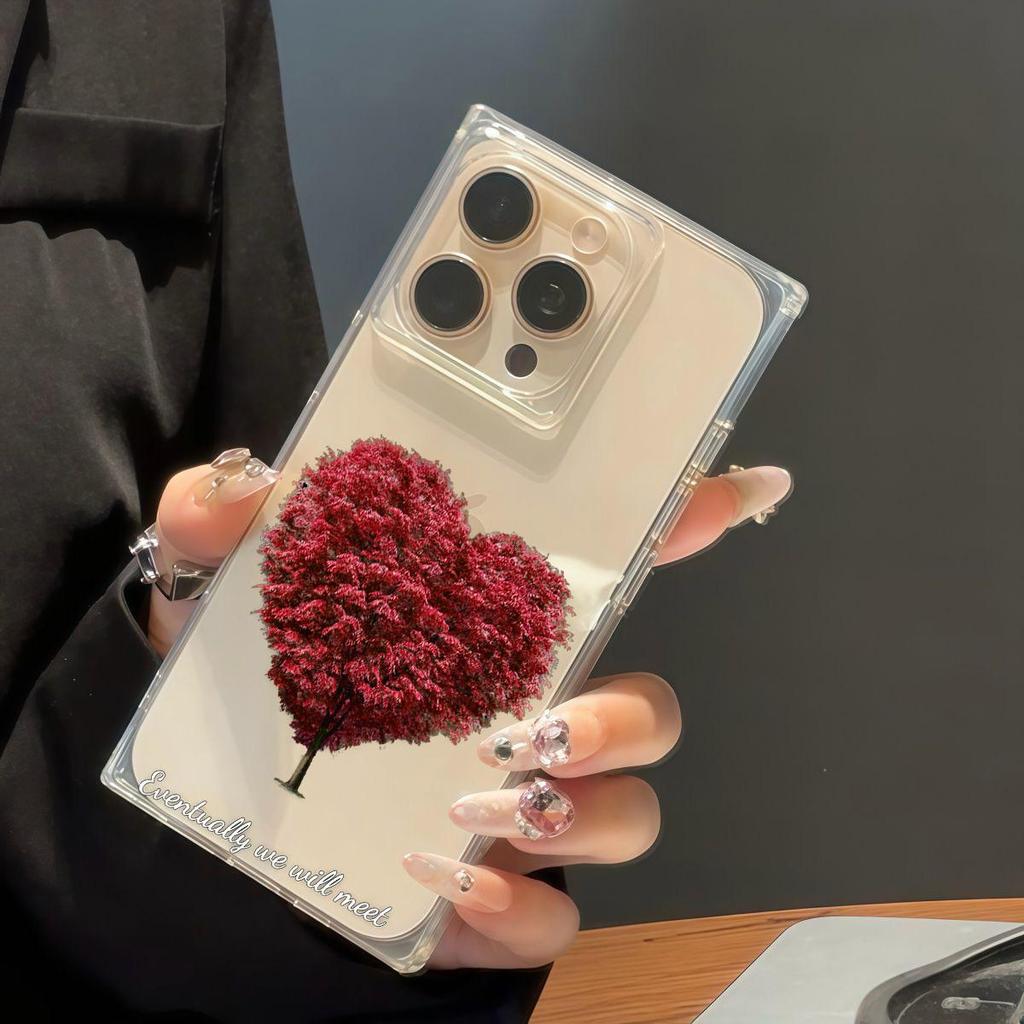 Прозрачный чехол с квадратной задней крышкой для защиты трубки для iPhone 15 Plus 11 12 14 Pro Max 13 16 ProMax, защита от окисления, чехол с рисунком «Красное дерево любви»