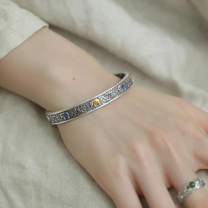 Zuyin S999 Lucky Elephant Enamel Colored Flower Blossoming Rich and Noble Bottom Open Bracelet with Ethnic Style Bracelet