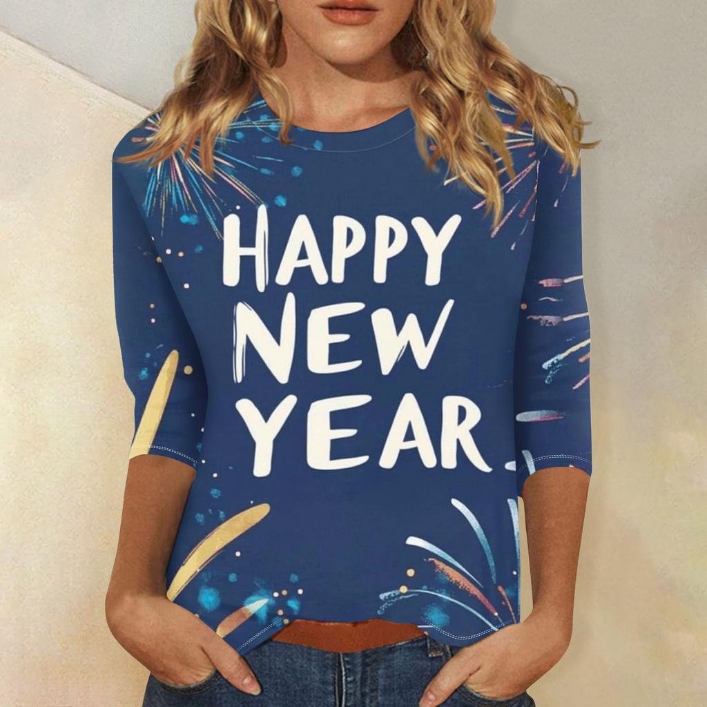 Женская мода повседневная новогодняя принтованная круглая горловина с рукавом три четверти топ Новый год 2025
