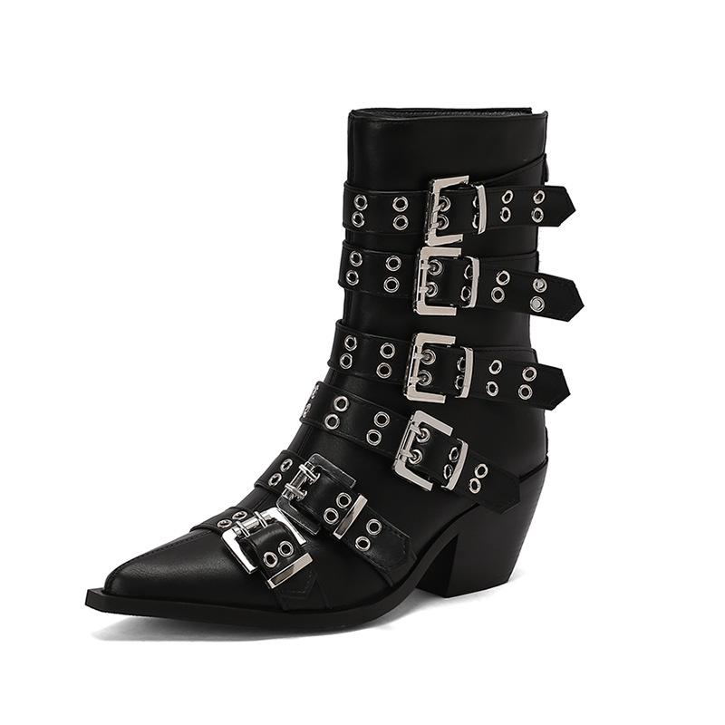 Women's Fashion Patent Leather Pointed Punk Style Belt Buckle Pullback Short Boots European and American Sexy Banquet Boots