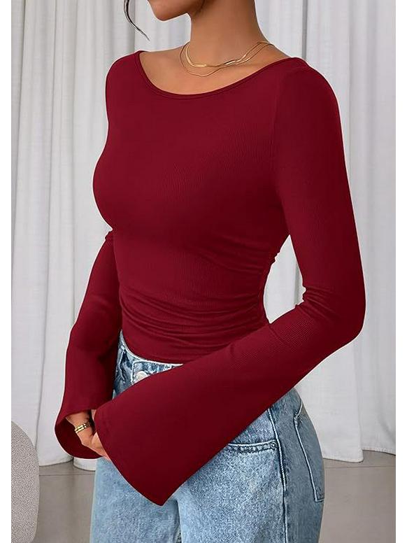 2025 Autumn Slim Fit Women's Boat Neck Bell Sleeve Ruched Top - Solid Color, Long Sleeve