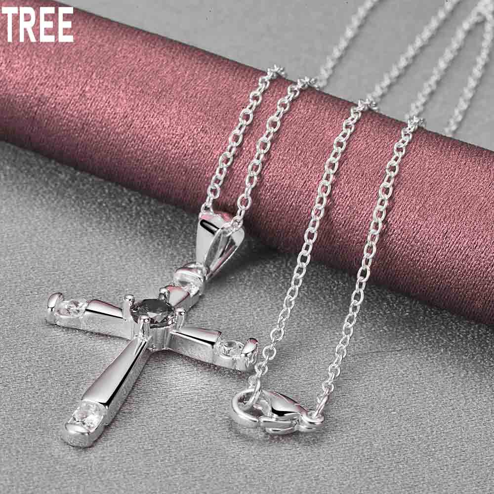 925 Sterling Silver Cross Zircon Pendant Necklace Fashion Wedding Jewelry