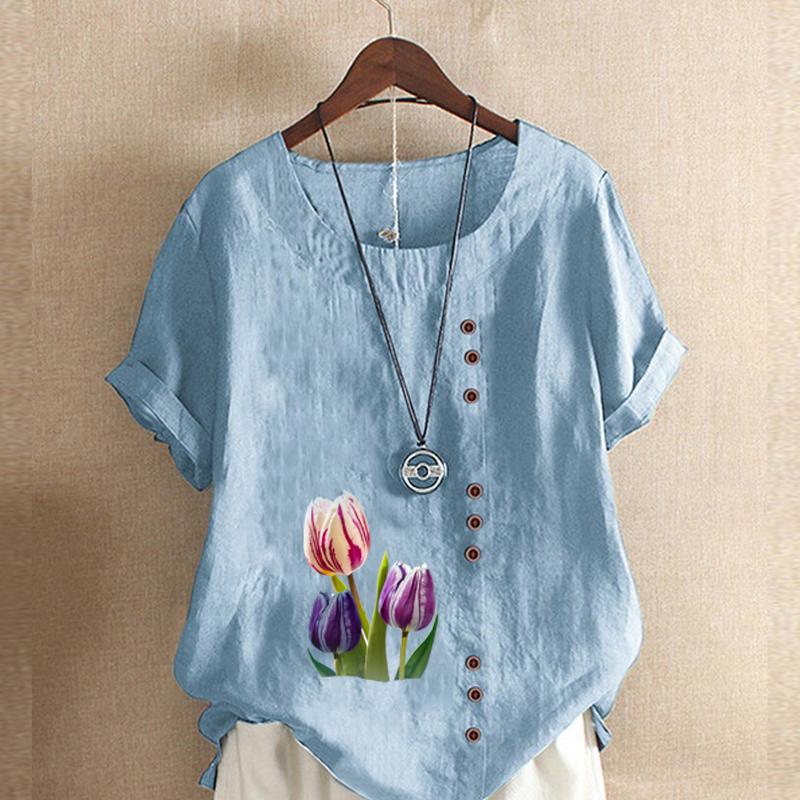 Women's Fashion Round Neck Short Sleeve T-shirt Casual Cotton Linen Graphic Shirt Tulips Prined Summer Blouse Tops