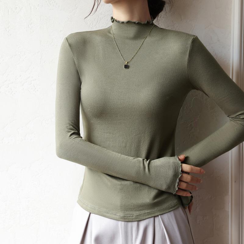 Women T-shirts Ruffles Turtleneck Long Sleeve Warm Autumn Winter Undershirt Solid Bottoming Shirt Fashion High Strecth Basic Top
