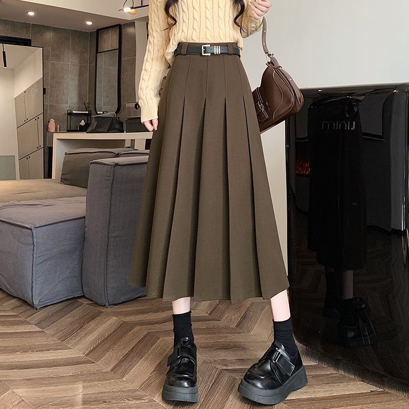 Женская корейская винтажная длинная юбка с высокой талией, осенне-зимняя теплая элегантная женская плиссированная юбка