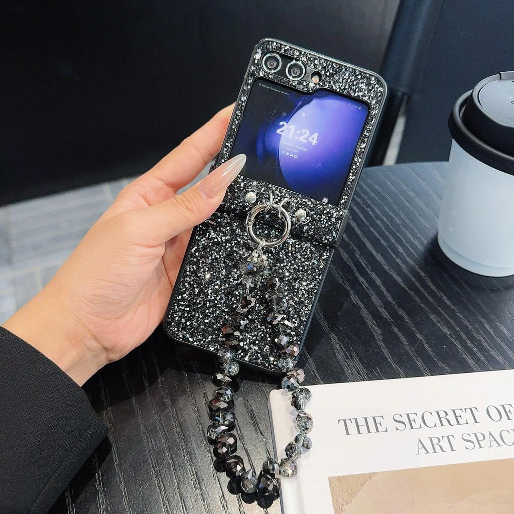 Bling Glitter PU Leather Cover with Bead Wrist Chain Strap Bracelet For Samsung Galaxy Z Flip 6 5 4 3 Phone Case