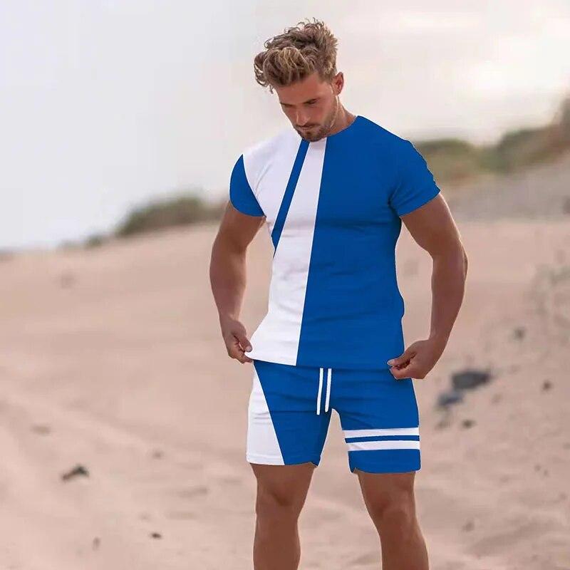 Summer Men Beach T Shirt Tracksuit 2 Piece Sets 3D Print All-Match Sports Short Sleeve Round Neck Casual Style Clothing 6XL