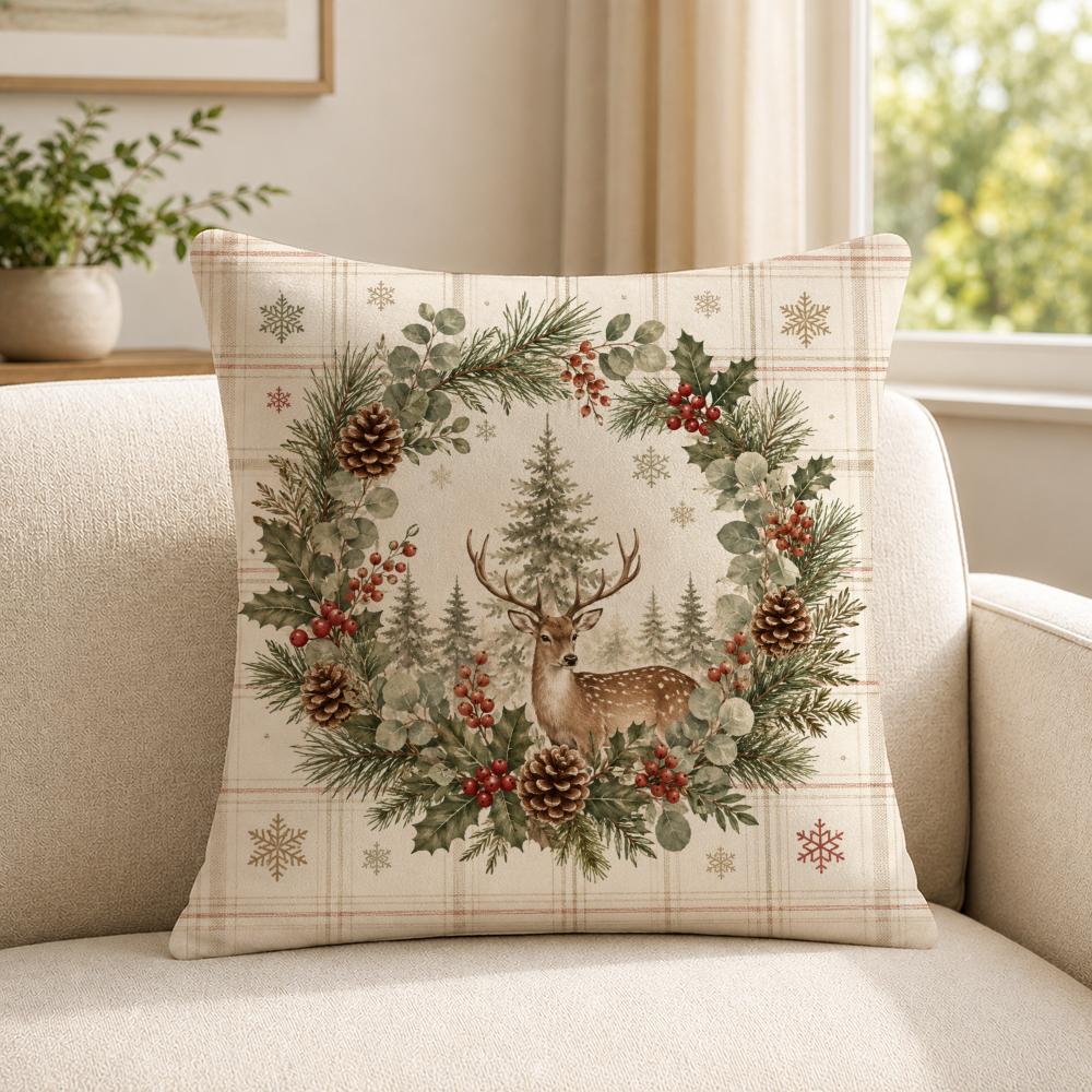 Art Festive Scenery Warm Christmas Trees and Deer Cushion Cover Soft Short Plush SkinFriendly Cushion Case for MultiScene Use