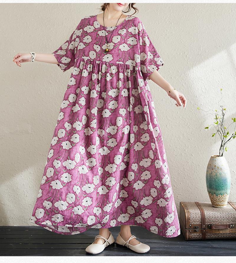 Новые платья из хлопка с короткими рукавами больших размеров и цветочным принтом для женщин, повседневные свободные длинные летние платья
