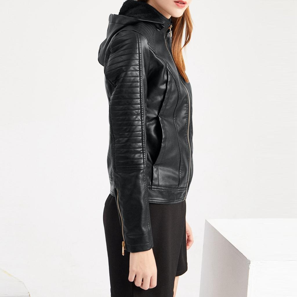 Женская кожаная куртка с капюшоном, короткая куртка на осень и зиму, теплая повседневная куртка