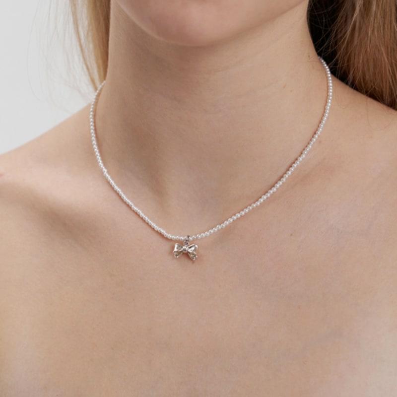 KINDABABY [silver925] petit ribbon pearl necklace(2color)
