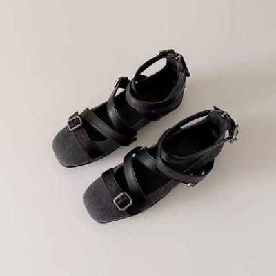 Юэю ретро универсальные квадратный носок нишевый крест пряжка ремень спортивная подошва балетки женские универсальные туфли-лодочки