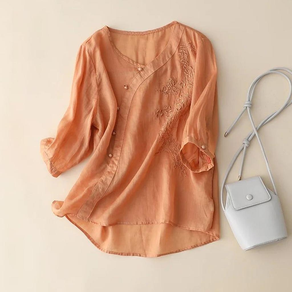 Women's Solid Color Cotton And Linen Short-sleeved Embroidered Retro Breathable T-shirt Round Neck Top