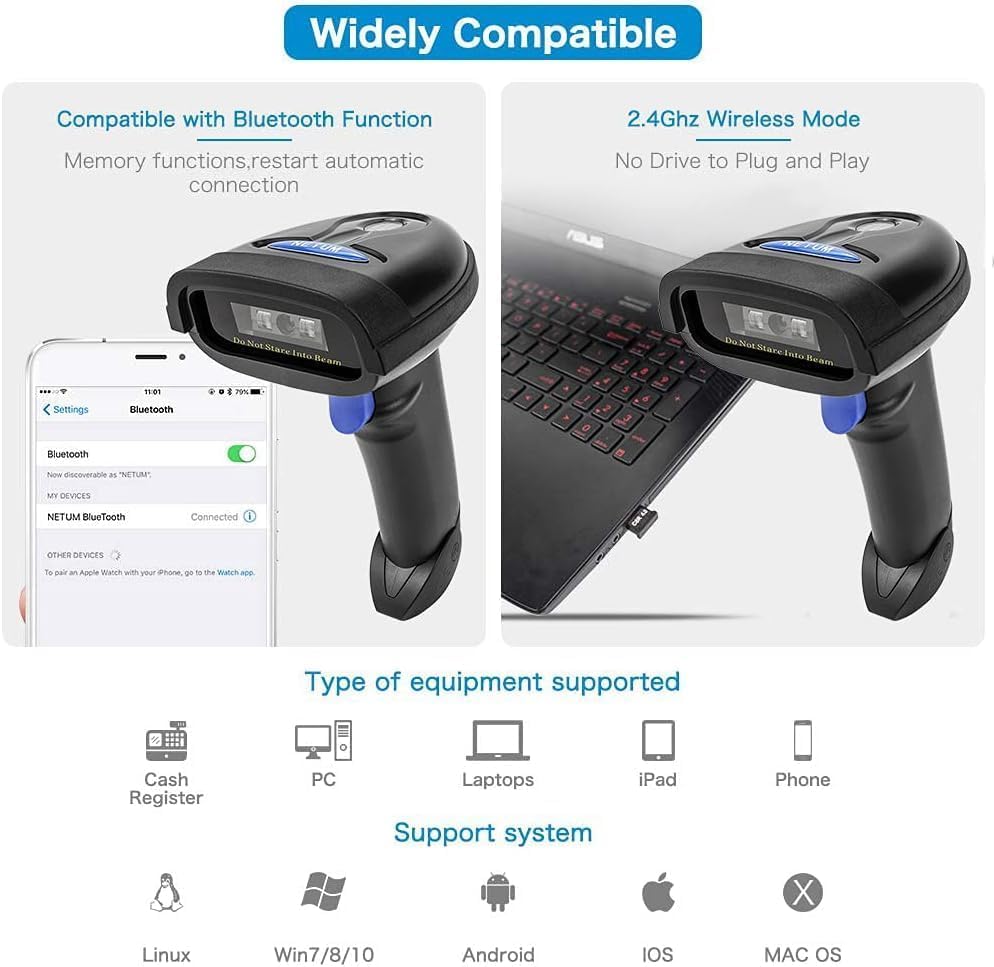 NETUM Bluetooth Сканер штрих-кодов, 2,4G беспроводной, совместим с Bluetooth и проводным подключением, для смартфонов/планшетов/ПК/CCD считыватель штрих-кодов, Windows/Mac/A