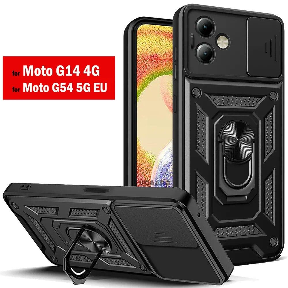 For Motorola Moto G14 4G G54 G84 5G Slide Lens Camera Protection Shockproof Armor Case for Moto Edge 40 Pro Neo 30 Ultra Magnetic Ring Holder Cover
