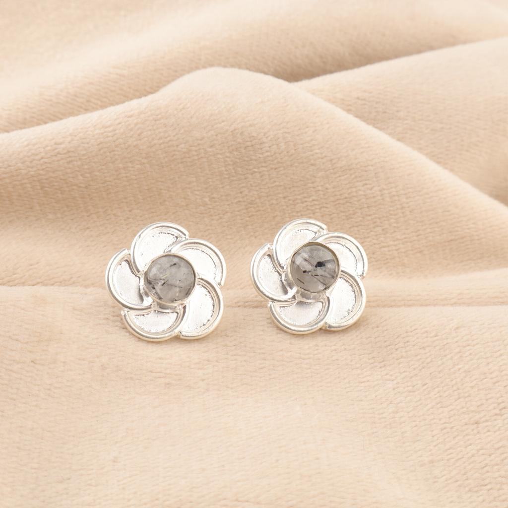 Round Black Rutile Stone Sterling Silver Butterfly Wedding Stud Earrings Jewelry EE-157-32