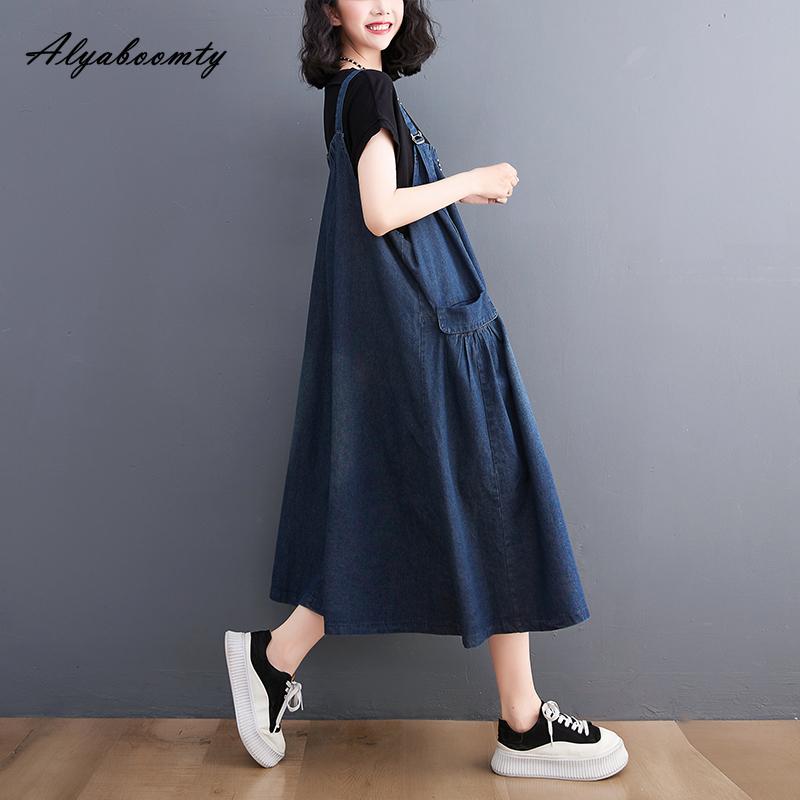Корейский стиль, летний женский джинсовый сарафан, подтяжки, повседневное свободное свободное платье без рукавов большого размера, винтажное стильное платье миди с карманами