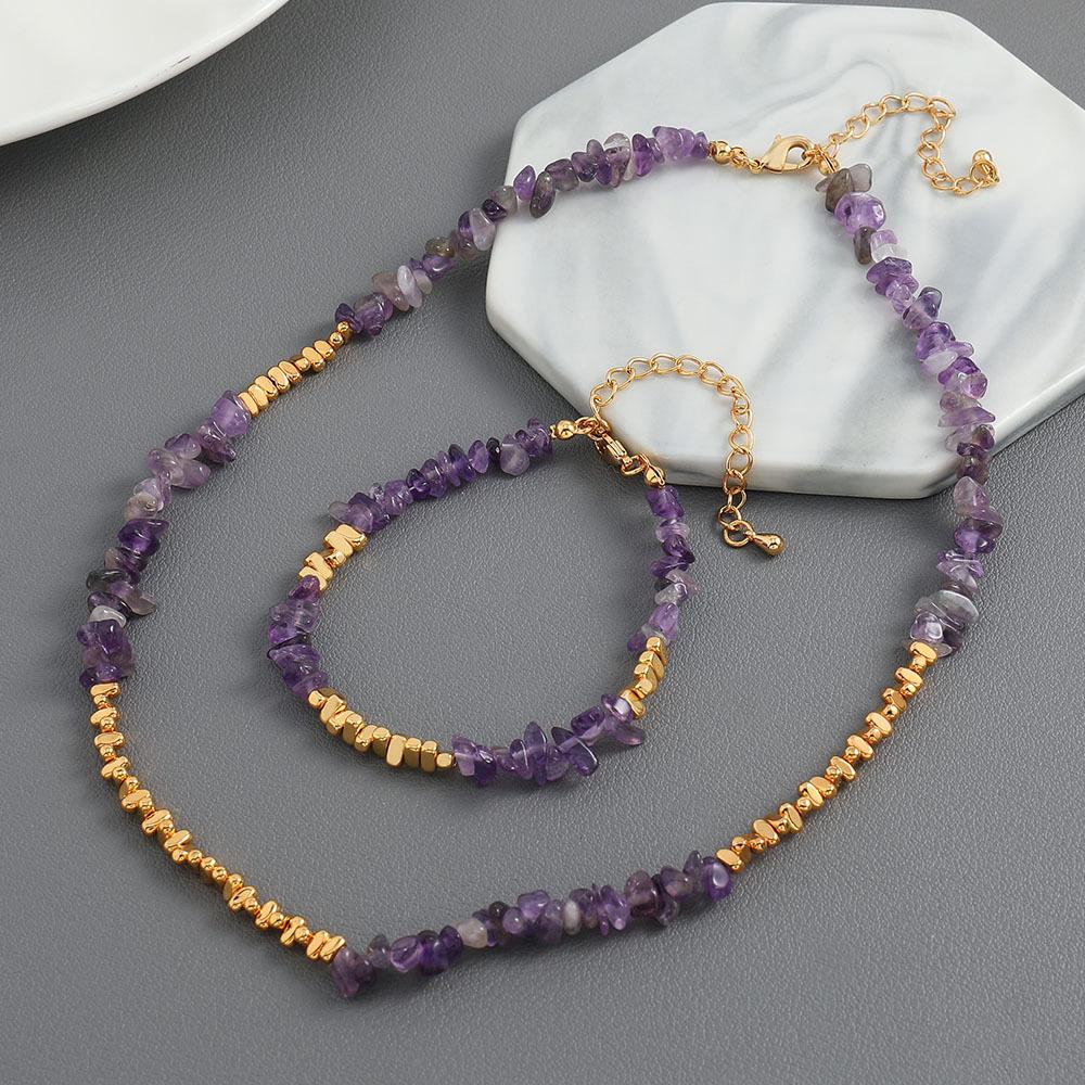 GEMCHIC Women's Natural Purple Amethyst Chip Beaded Necklace and Bracelet Set Gold Tone Irregular Geometric Style