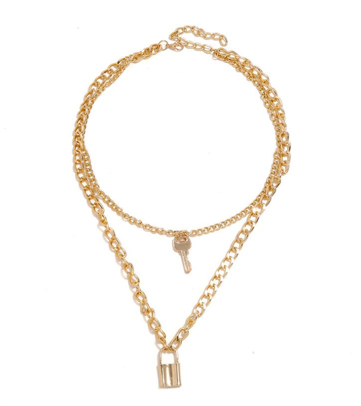 Винтажное креативное колье в стиле панк, преувеличенная толстая цепочка, ювелирное изделие, ключ с замком, двухслойное ожерелье, женское металлическое ожерелье на шею в стиле хип-хоп