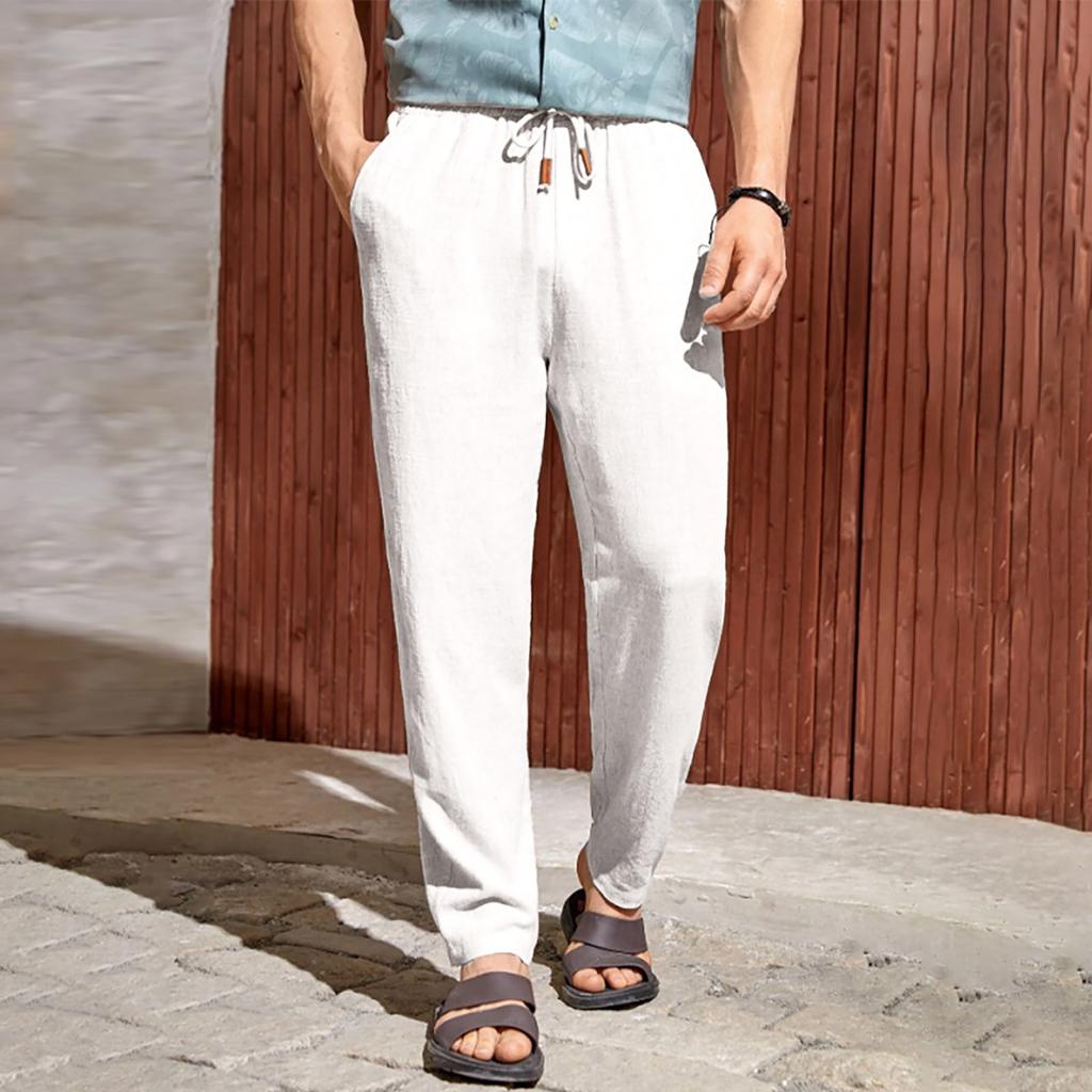 Новые европейские и американские мужские повседневные брюки из хлопка и льна с завязками