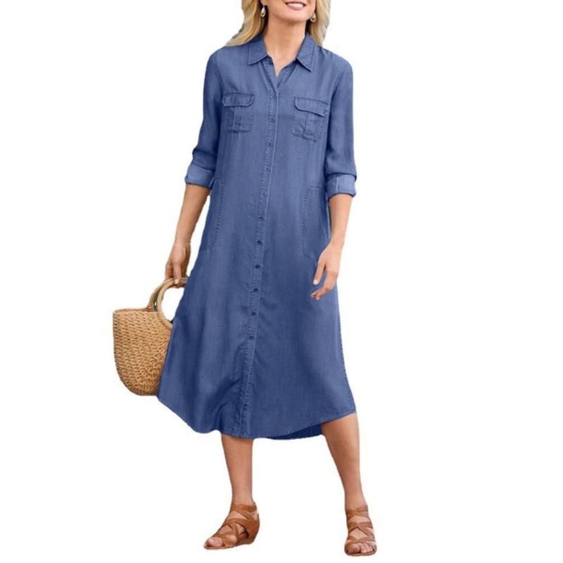 Модное элегантное винтажное джинсовое платье больших размеров, женское летнее повседневное платье с длинным рукавом и длинными рукавами, женское свободное платье миди с однотонными карманами 1004