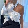 Модная и элегантная универсальная одежда: рубашка и топ с открытым плечом, трехмерное украшение в виде большого цветка