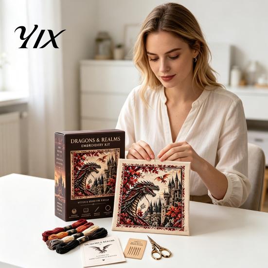 Handmade Embroidery Kit 1 Set DIY Dragon Castle Kit, Fantasy World Cross Stitch Crafts Crafts, Beginner Starter for Home Decoration Friendly