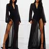 Deep V Neck Long Cardigan Sun Protection Floor Length Sexy Lantern Sleeve Mesh Cardigan for Outdoor