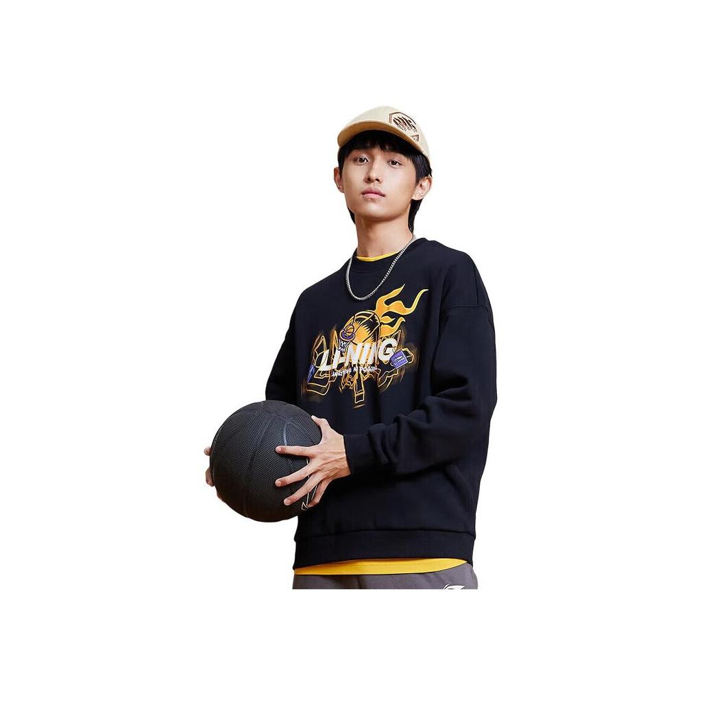 Li-Ning Свитшот с длинными рукавами и флисовой подкладкой с рисунком из мультфильма, топы унисекс, черный AWDSF95-1