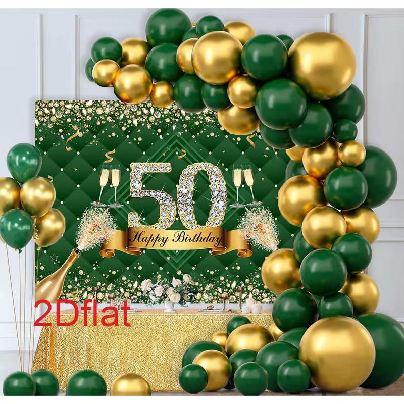 2D Green Gold 50th Birthday Champagne Backdrop Banner