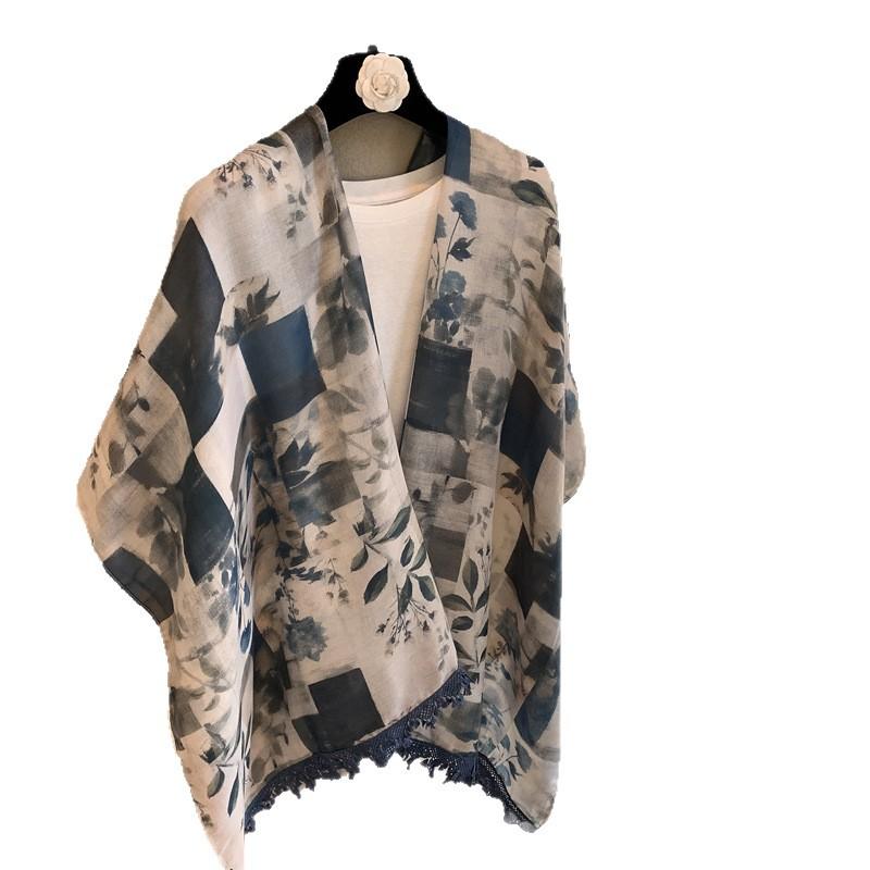 High-End Shawl Silk Scarf Women'S Bali Yarn Silk Scarf Korean Plain Leaf Print Scarf Cape Versatile Cape Cape