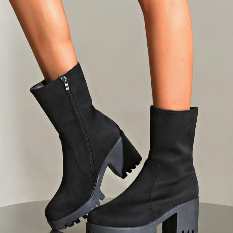 European and American Solid Color Large Size Women's Boots 2024 Autumn New Side Zipper Thick Heel Waterproof Table Martin Boots Women