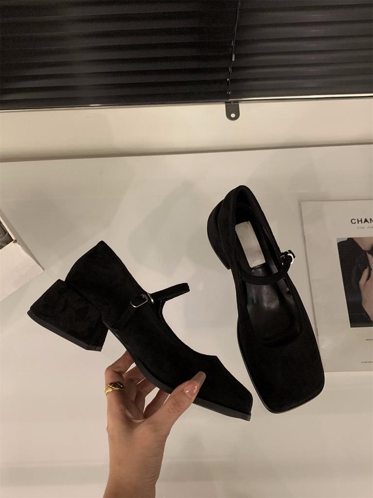 French Medium and High Heels Retro Suede Leopard Shoes Women's Shoes 2025 New Spring and Autumn Square Head Mary Jane Small Leather Shoes