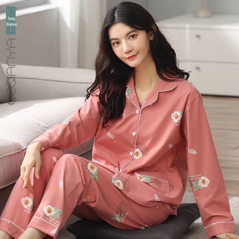 Женская пижама с длинными рукавами из 100% хлопка на весну и осень: Домашняя одежда свободного кроя для женщин среднего возраста