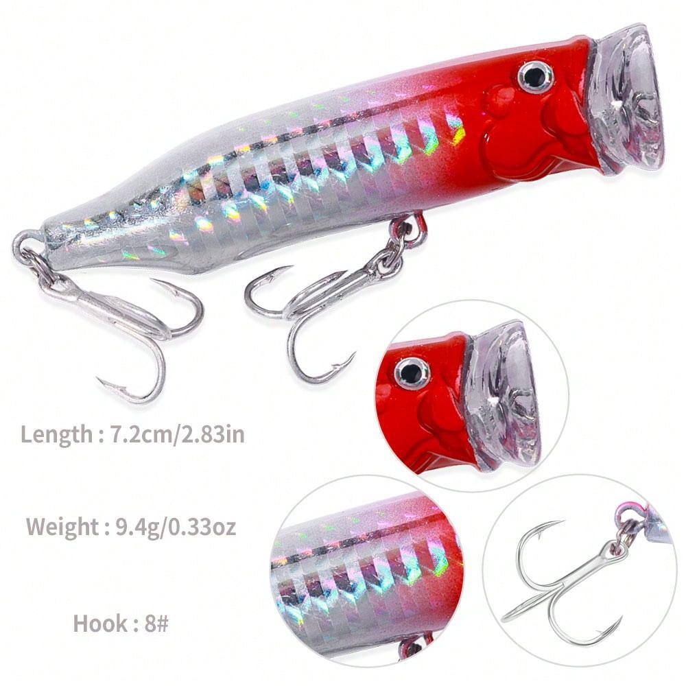 1pc Popper Fishing Lure 7.2cm/9.4g Hard Bait Artificial Topwater Bass Trout Pike Wobbler Fishing Tackle With 2 Treble Hooks