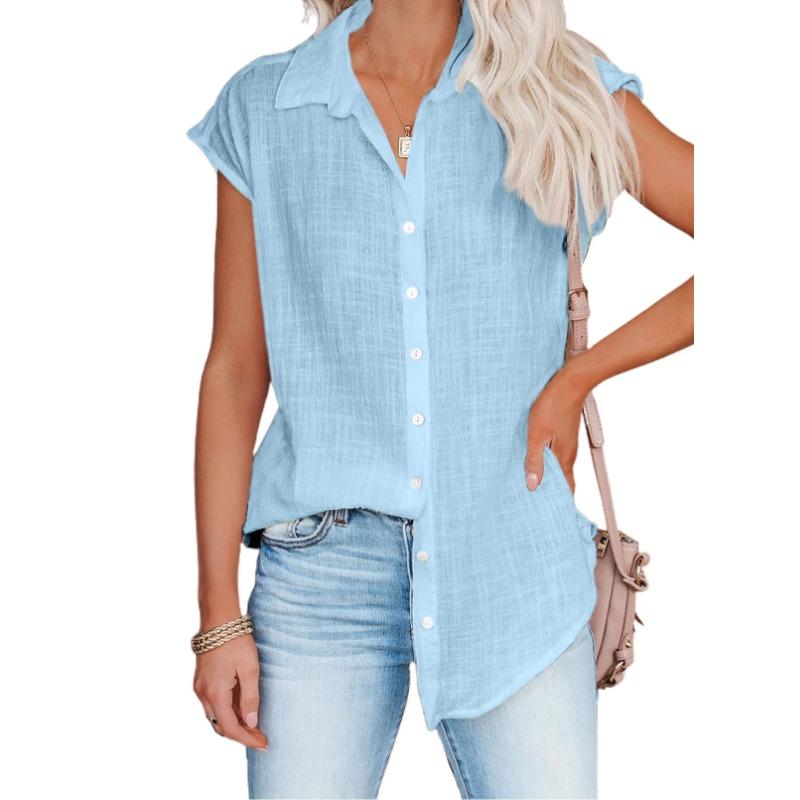 Летние свободные блузки без рукавов однотонные рубашки повседневные женские топы с отложным воротником и пуговицами