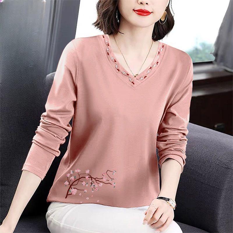 Long Sleeve Shirt Women Slim Fit Autumn Wear Plus Size Embroidered Floral Collar Top Mom Fall Spring Blouse