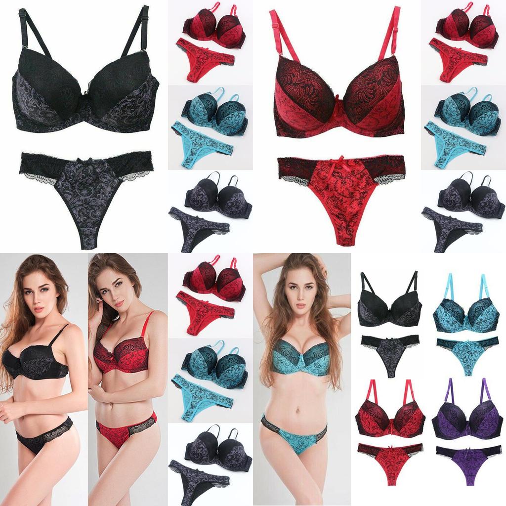 Flower Lace Womens Padded Bra Plunge Set Ladies Underwear Panties Sets Up Push